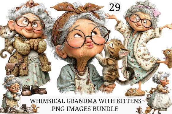 Download Whimsical Grandma with Kittens Clipart - Premium Bundle